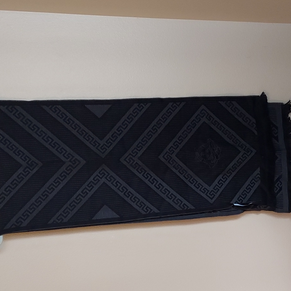 Versace Black And Gray Scarf With Versace Logo Face